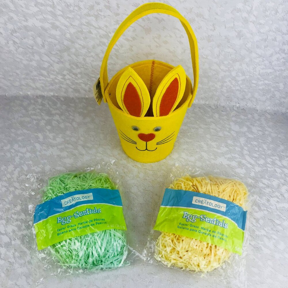 Studio18 Felt Easter Bunny Basket Yellow Egg Hunt 13” with Creatology Grass NWT